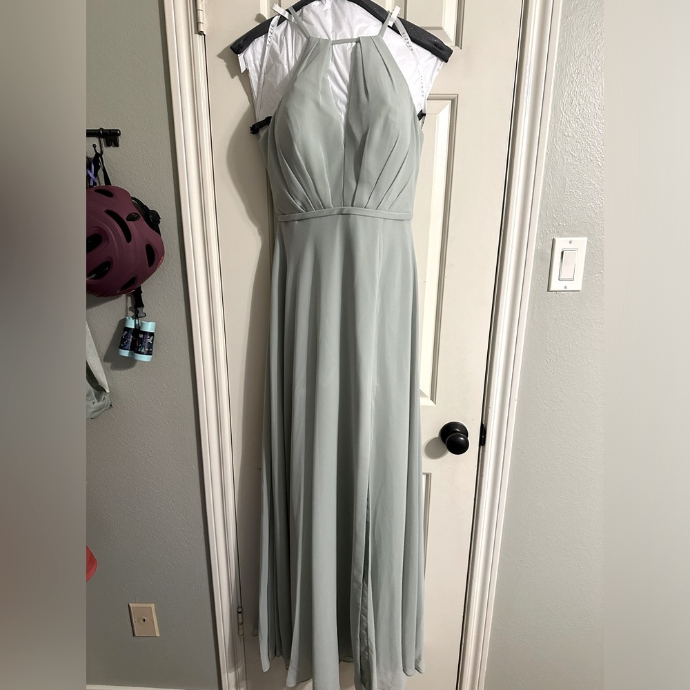 Unique back, dusty sage dress.